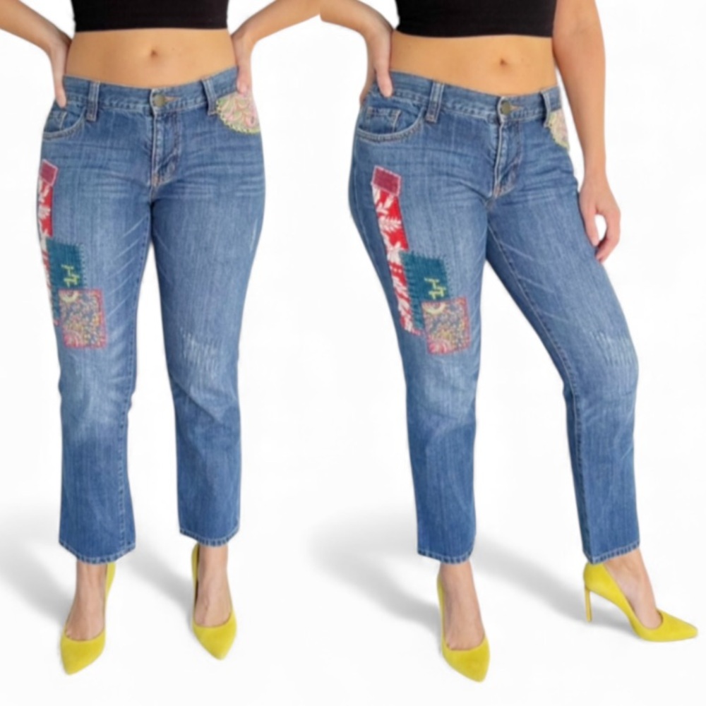 CAbi colorful patchwork embroidered low rise cropped ankle jeans size 4
